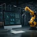 AI-Generated Image of Monitor Displaying Graphs Next to Yellow Robotic Arm on Factory Floor