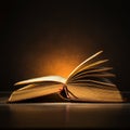 AI-Generated Image: Dramatic Photo of Opened Old Book with Fanned Pages on Wooden Surface
