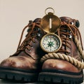 AI Generated: Brown Leather Hiking Boots, Brass Compass, and Rope Royalty Free Stock Photo