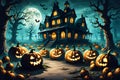 AI-generated image features a pumpkin patch bathed in the gentle light of the full moon on halloween Royalty Free Stock Photo