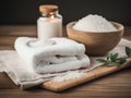 spa setting with a stack of white towels and a small dish of salt Royalty Free Stock Photo