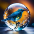 transparent magic sphere with a bird macro generated by ai