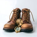 AI Generated: Brown Leather Work Boots and Gold Compass Royalty Free Stock Photo