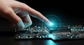 Hand touching circuit board with holographic digital overlay and glowing cyan blue light Royalty Free Stock Photo