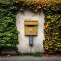 Yellow Mailbox on Ivy-Covered Wall