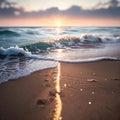 AI generated image of foamy sea waves in a sandy beach with sun set in the backdrop