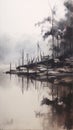 Foggy lake with dead tree branches and wooden dock in misty forest Royalty Free Stock Photo