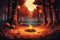 A forest clearing with a campfire circle vector fall background