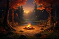 A forest clearing with a campfire circle vector fall background