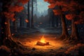 A forest clearing with a campfire circle vector fall background