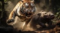 Dramatic Wildlife Moment Tiger in Pursuit of Prey Animal in the Forest AI generated