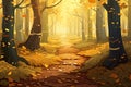 A forest trail covered in a carpet of golden leaves vector fall background Royalty Free Stock Photo