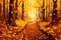 A forest trail covered in a carpet of golden leaves vector fall background Royalty Free Stock Photo