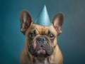 Ai generated image of a french bulldog wearing a birthday hat