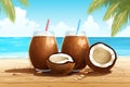 Fresh coconuts served with a straw on the beach vector tropical background