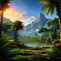 an ai generated image, friendly dinosaur world full of lush green vegetation