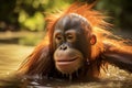 AI generated image. Funny orangutan monkey washing face in the river