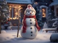 a funny snowman wearing hat and scarf standing in the backyard of the idyllic house. Royalty Free Stock Photo