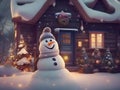a funny snowman wearing hat and scarf standing in the backyard of the idyllic house. Royalty Free Stock Photo