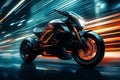 A futuristic electric motorcycle silently zooming by modern futurism background