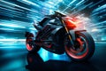 A futuristic electric motorcycle silently zooming by modern futurism background