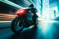 A futuristic electric motorcycle silently zooming by modern futurism background