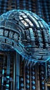 AI generated image of a futuristic illustration of a robotic brain, with complex circuits and neon-blue lights