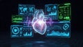 Ai generated image of a futuristic medical display showing a holographic heart and various diagnostic data screens Royalty Free Stock Photo