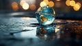 AI generated image. Globe made of round glass is resting in clean water with beautiful water reflection