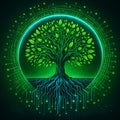 AI generated image of a glowing green tree with roots transforming into circuit lines inside a futuristic circular interface Royalty Free Stock Photo