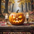 AI Generated image of a glowing Halloween jack-oÃ¢â¬â¢-lantern carved with a mischievous grin, p Royalty Free Stock Photo