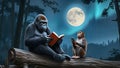 Gorilla reading while monkey checks forecast Royalty Free Stock Photo