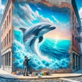 Hipster Graffiti Artist Dolphin Mural Painting Ocean Scene Brick Wall Vintage City Building AI Generated