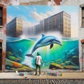 Graffiti Artist Dolphin Mural Painting Ocean Scene Brick Wall Vintage City Building AI Generated