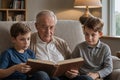 AI Generated Image of Grandfather and Two Grandsons Reading on Couch for World Grandparents Day