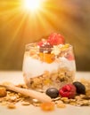 Fruit, berries, and granola in bowl