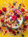 Fruit, berries, and granola in bowl