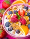 Fruit, berries, and granola in bowl