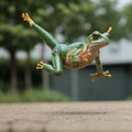 AI generated image of a green colour frog in air while taking a leap