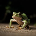 AI generated image of a green colour frog about to take a leap