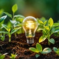 AI generated image of a green energy lightbulb between growing plants