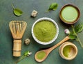 Green matcha tea drink and tea accessories