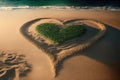 ai generated image of a green moss geart in a sand heart on the beach, generative ai island love background
