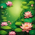 AI generated image of a green pond adorned with fully bloomed lotus and dotted with lotus leaves