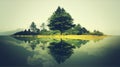 Green surreal landscape with a tree and its reflection in the water Royalty Free Stock Photo