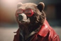 Ai generated image of a grizzly bear in a red leather jacket