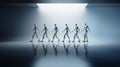 group of walking chrome humanoid robots on a plain background