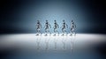 group of walking chrome humanoid robots on a plain background