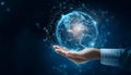 Hand holding globe with network connecting data. Implement of digital technology,