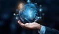 Hand holding globe with network connecting data. Implement of digital technology,